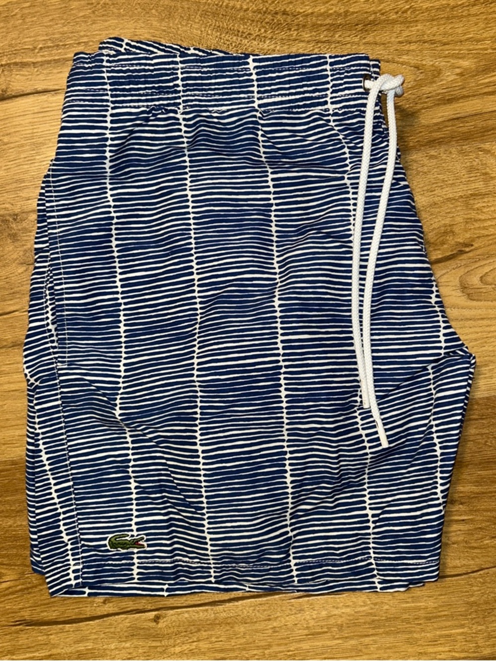 Lacoste Blue and White Striped Swim Trunks